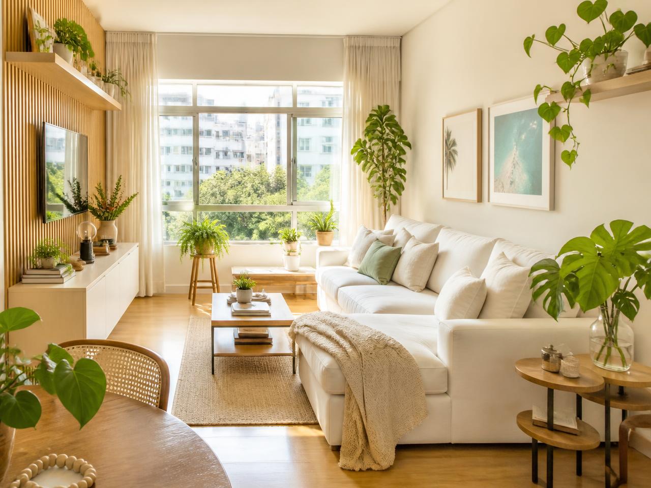 Sala de apartamento limpa e iluminada pela luz da manhã